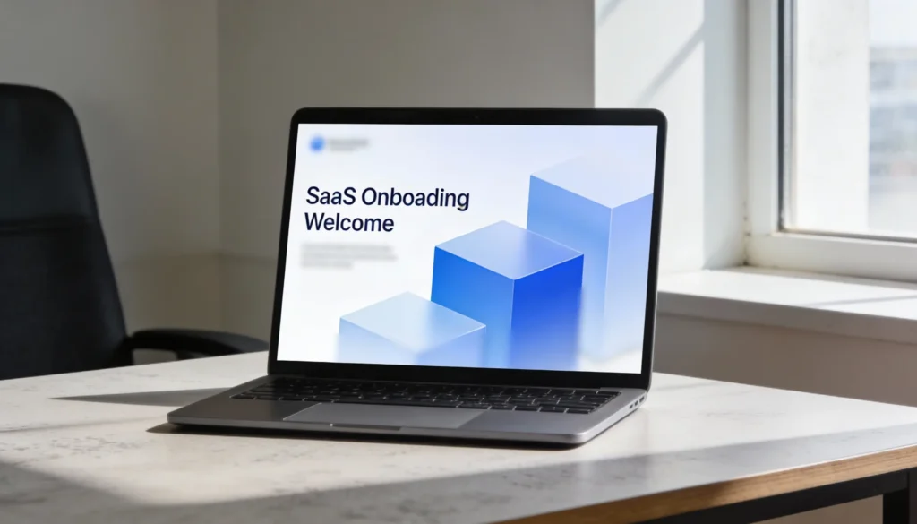 First-time SaaS onboarding welcome screen on laptop