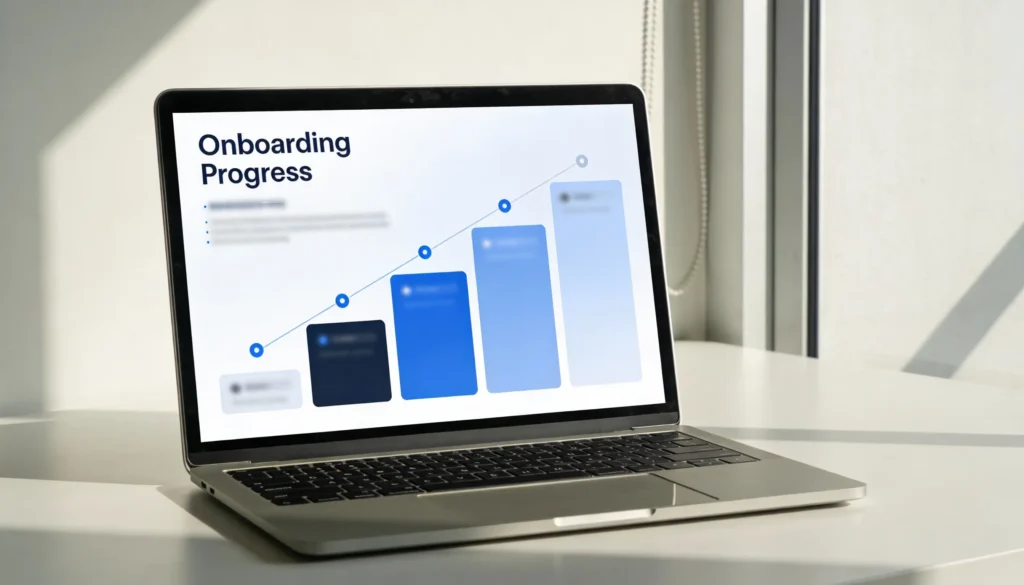 SaaS onboarding flow shown on laptop screen in modern officeSaaS onboarding flow shown on laptop screen in modern office